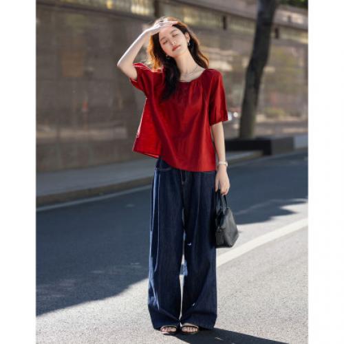 【智感之间】秋季极简风云朵棉撞色高腰字母刺绣阔腿女式牛仔裤