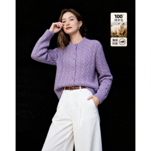 【柔暖100绵羊毛】冬季小立领绞花开衫气质小个子针织衫女上衣