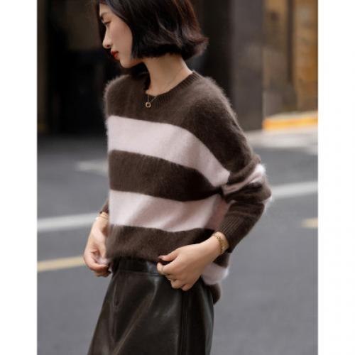 【100绵羊毛】冬季复古风圆领撞色条纹落肩宽松针织衫女上衣
