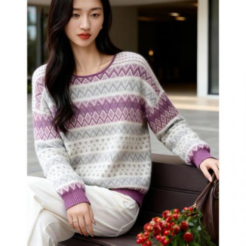 【费尔岛提花风情】冬100绵羊毛线衫提花拼色拉毛针织衫女上衣