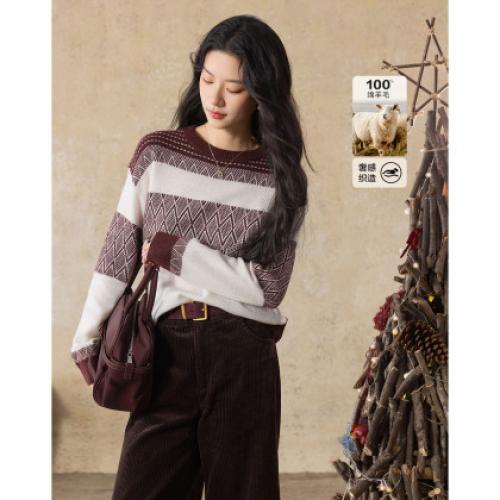 【100绵羊毛】秋季丰盈细腻拉毛提花线衫罗纹收口针织衫女上衣