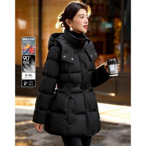 【5A抗菌蓄热】冬季连帽90鸭绒腰带束腰户外中长款女式羽绒服
