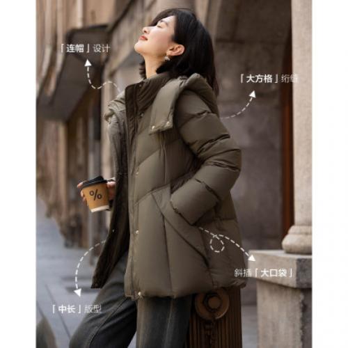 【素羽沐冬】冬季连帽90鸭绒中长款拉链保暖简约通勤女式羽绒服