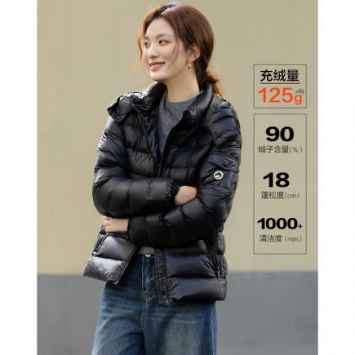 【奢暖90鹅绒】冬季光泽感亮面连帽领绗缝线条保暖女式羽绒服