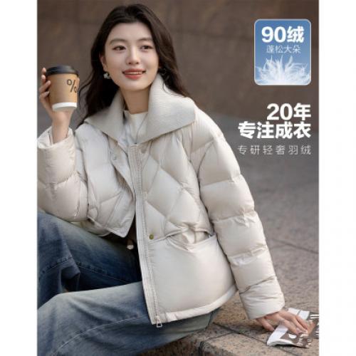 【15D零压感】冬季90鸭绒双层翻领鱼鳞绗缝毛织大翻领羽绒服