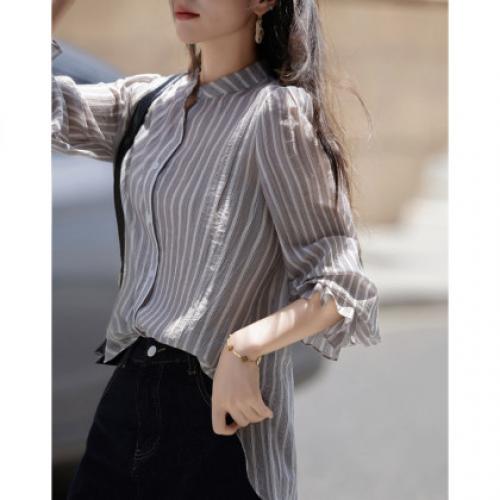 【呼吸感莱赛尔】秋季克制的美感圆领条纹衬衫宽松衬衣女装上衣