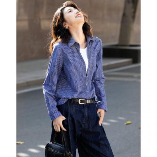 【自然纯棉】秋季智感复古格子衬衫宽松小个子气质衬衣女装上衣