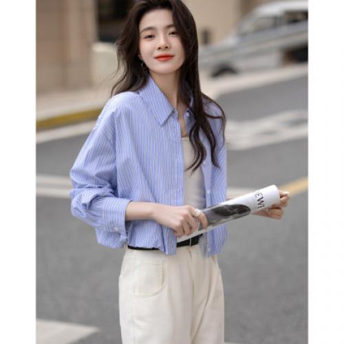 【腰以下都是腿】春季小个子翻领条纹衬衫松紧下摆遮肉衬衣女上衣