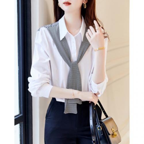 【披肩装饰衬衣】春秋翻领宽松条纹长袖落肩装衬衫女