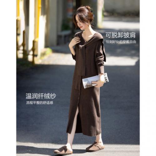 【可脱卸披肩】秋季小优雅纤绒纱V领前开叉中长款气质女式连衣裙
