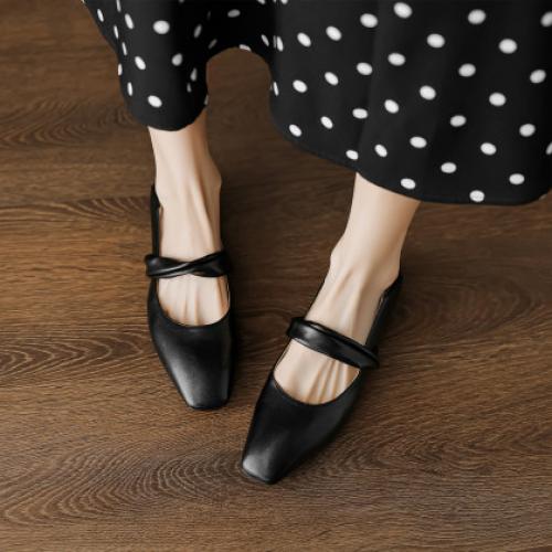 时尚简约日常百搭韩式极简纽带纯色方头女单鞋