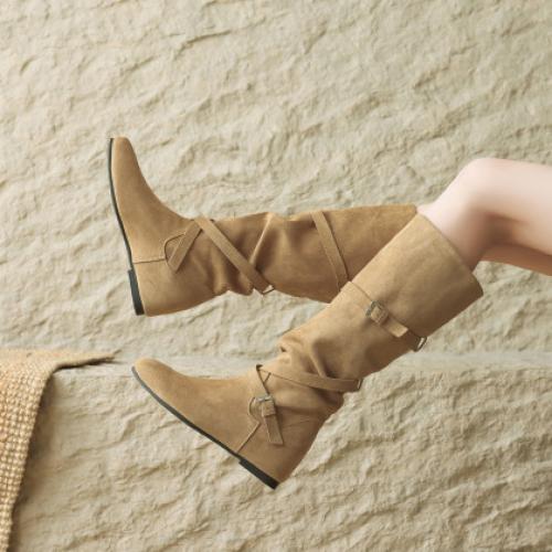 【冬日氛围感】25冬韩系内增高百搭尖头褶皱堆堆靴女靴