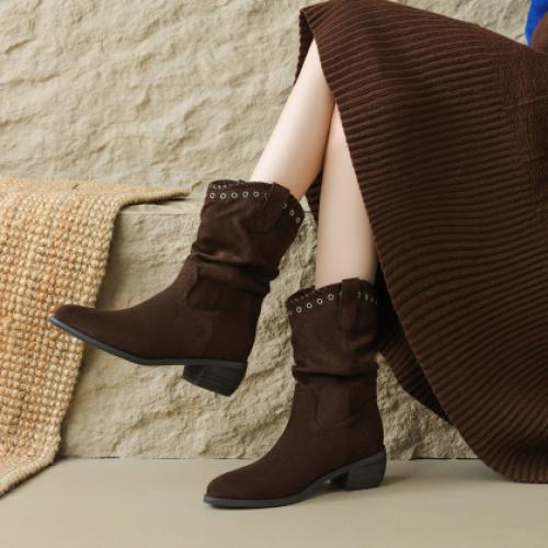 【休闲通勤】25秋冬时尚简约百搭圆口铆钉堆堆靴女短靴骑士靴