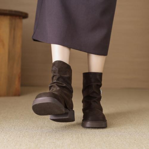 潮酷冬季时尚复古百搭双扣方圆头裤靴堆堆靴西部靴