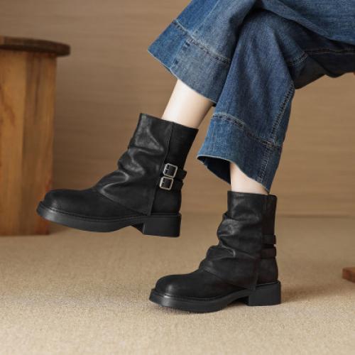 潮酷冬季时尚复古百搭双扣方圆头裤靴堆堆靴西部靴