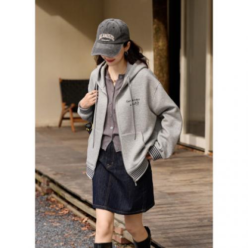 【学院风宽松卫衣外套】秋新款优雅条纹撞色螺纹连帽开衫外套女