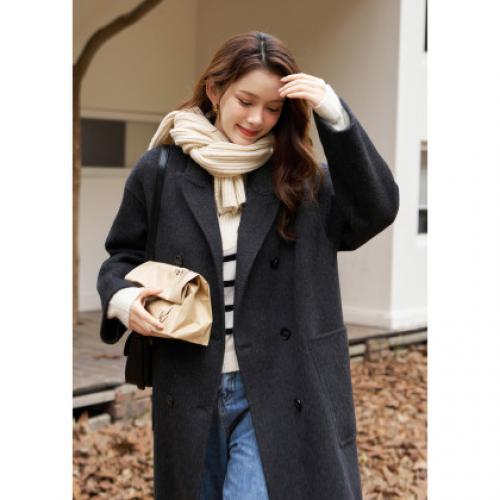 【双面呢羊毛长款大衣】冬简约翻领气质双排扣厚外套大衣女