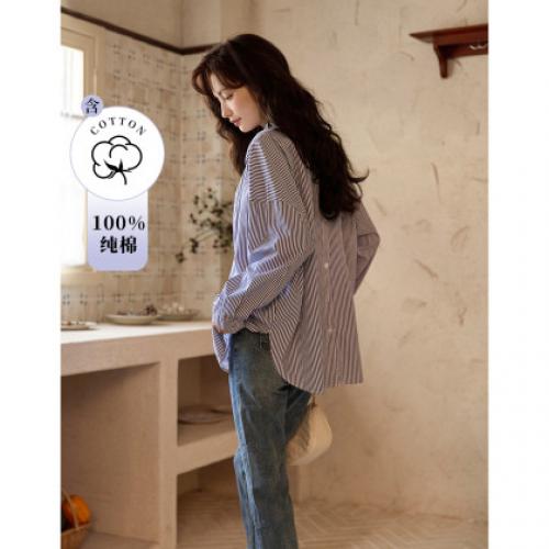 【100%棉复古条纹衬衫】秋装新款落肩袖上衣长袖衬衫女