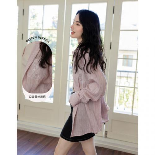 【蕾丝点缀慵懒学院风衬衫】新款优雅条纹拼接随性宽松长袖衬衫女