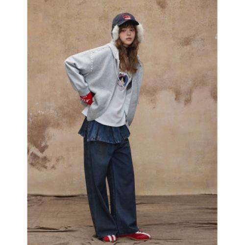 唐狮2026秋季新款针织外套女印花连帽灰色韩系慵懒风休闲开衫外套