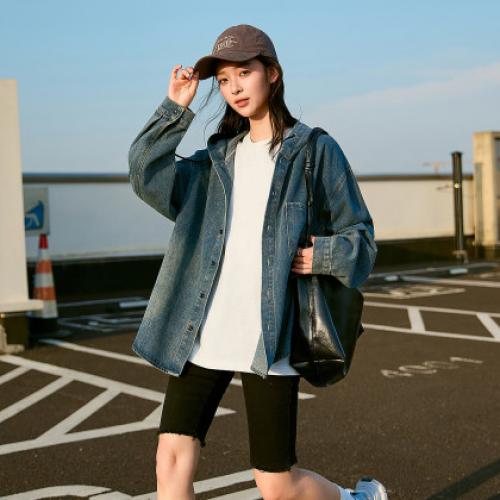 唐狮2026秋季衬衫女新款长袖水洗牛仔连帽复古时尚设计感上衣