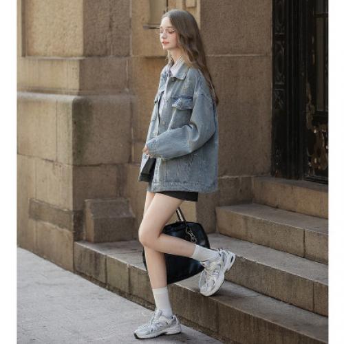 唐狮2026新款春秋季女薄外套百搭高级感甜酷风蝴蝶结满印牛仔外套