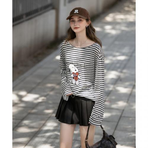 【史努比联名款】唐狮2026秋季长袖T恤女圆领条纹宽松上衣休闲风