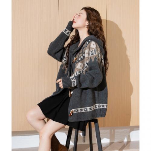 唐狮新款秋季连帽毛衣女费尔岛提花开衫外套学院风百搭毛线衫