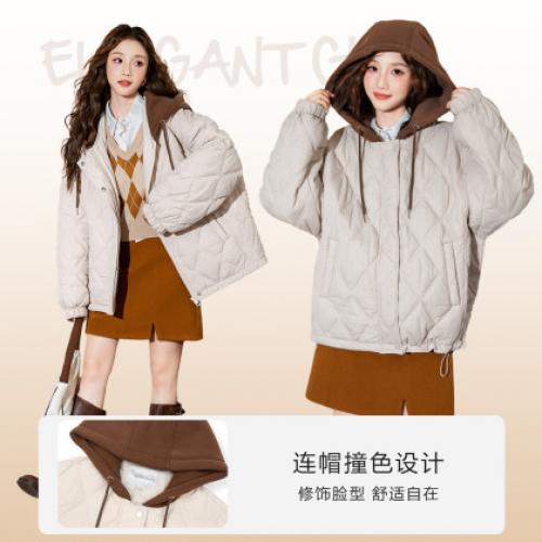 唐狮冬季新款连帽棉衣女外套夹棉假两件短款百搭菱形格棉袄