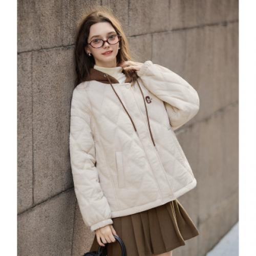 唐狮2026秋冬季女士拼接撞色连帽短款棉衣菱形格时尚百搭设计感