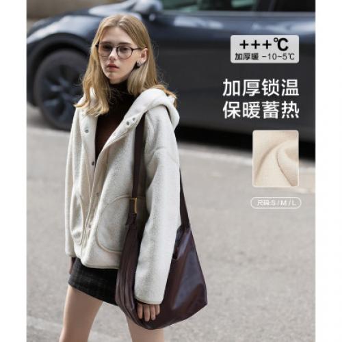 唐狮秋冬新款羊羔绒外套女短款高级感韩系宽松连帽仿麂皮绒外套女