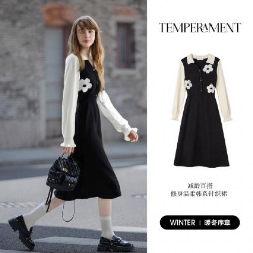 唐狮2026秋冬季连衣裙女V领假两件拼接长裙消化设计少女感温柔系