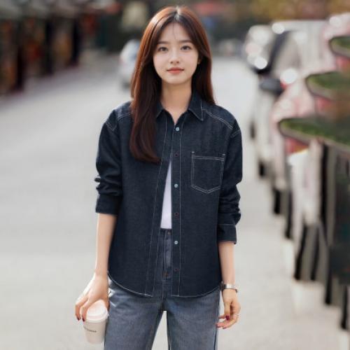 唐狮2026衬衣女春秋长袖港风复古女士休闲明线设计牛仔长袖衬衫