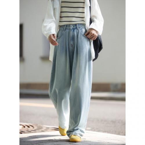 唐狮25秋冬新款牛仔裤女宽松褶裥高腰显瘦潮流时尚百搭阔腿裤子K1