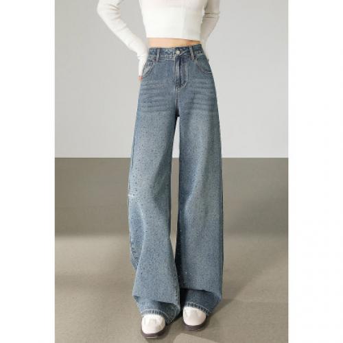 唐狮2026秋季新款女牛仔长裤宽松亮片装饰阔腿高腰显瘦裤子k1