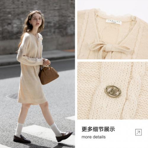 唐狮2026秋冬季毛衣裙女甜美领口绑带设计感秋季穿搭长袖连衣裙