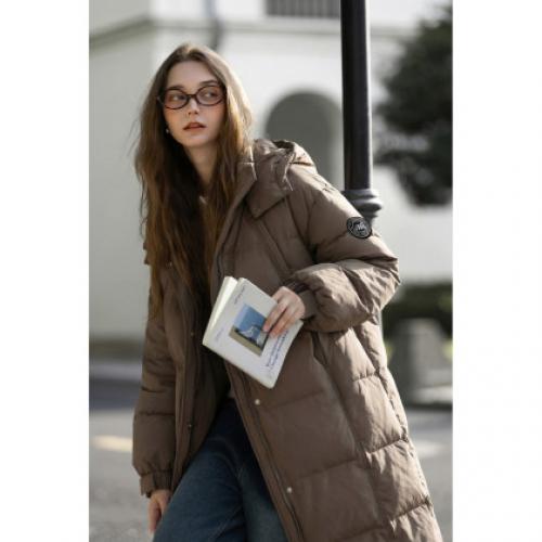 唐狮2026秋冬季女连帽超长款羽绒服过膝保暖时尚百搭棕色羽绒外套