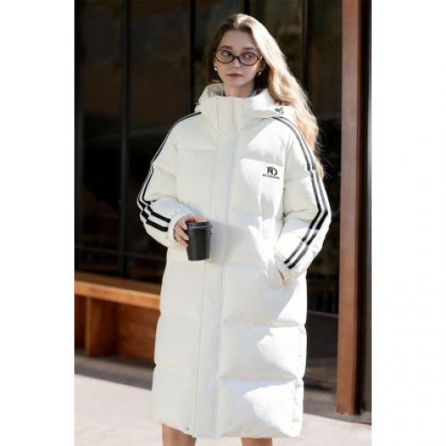 唐狮2025冬季长款棉衣女淡蓝色连帽撞色织带加厚保暖美式学院风