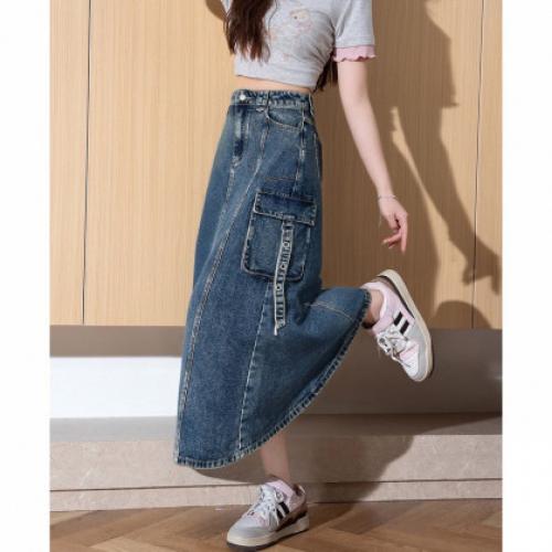 唐狮25秋冬季新款牛仔半身长裙女工装风飘带设计大口袋高腰显瘦X1