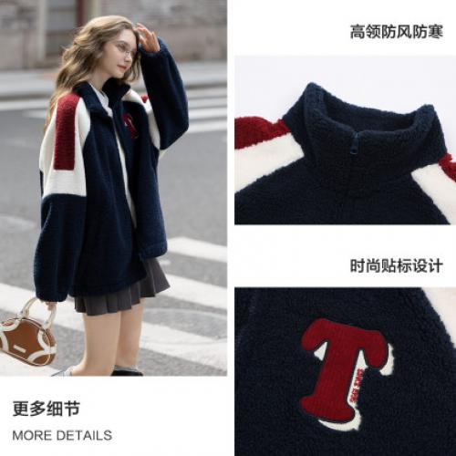 唐狮2026秋冬季仿羊羔毛外套女士休闲时尚女立领撞色拼接短款外套