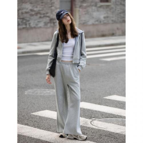 唐狮2026秋冬季套装女开衫连帽短款开衫外套卫衣裤子灰色简约风