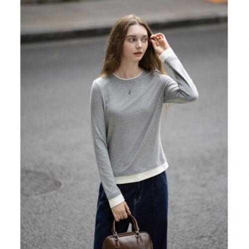 唐狮2026秋冬季女假两件撞色拼接针织打底衫修身灰色百搭时尚