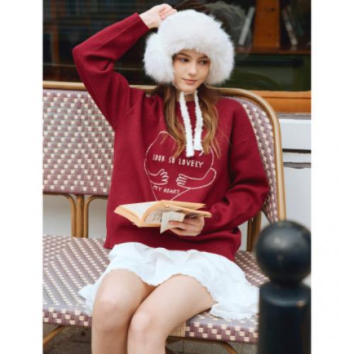 唐狮2026秋冬女圆领前胸大图案毛线衫女毛衣针织可爱设计感百搭