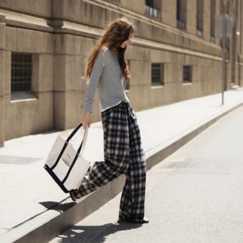 唐狮格子裤女2026秋季新款阔腿裤女高腰松弛感休闲垂感拖地裤子J1