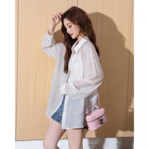 唐狮2025夏季新款女净色宽松微弹韩系单排扣翻领长袖衬衫韩系潮流