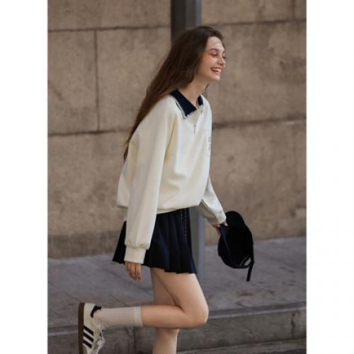 唐狮春季新款女polo短款撞色宽松显瘦长袖上衣白色爆款设计感