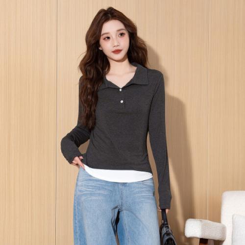 唐狮2025春季新款女polo衫蓝色长袖收腰修身洋气上衣净色今年流行