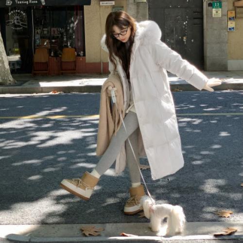 唐狮2026冬季羽绒服女长款连帽可拆卸仿真毛加厚羽绒外套温柔气质