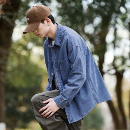 唐狮春秋季新款牛仔长袖衬衫男高级感日系休闲宽松百搭衬衣外套TJ