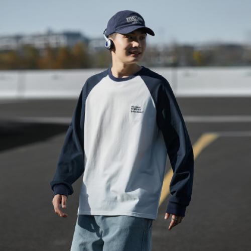 唐狮春秋季新款长袖T恤男撞色拼接圆领宽松上衣插肩袖打底衫潮t